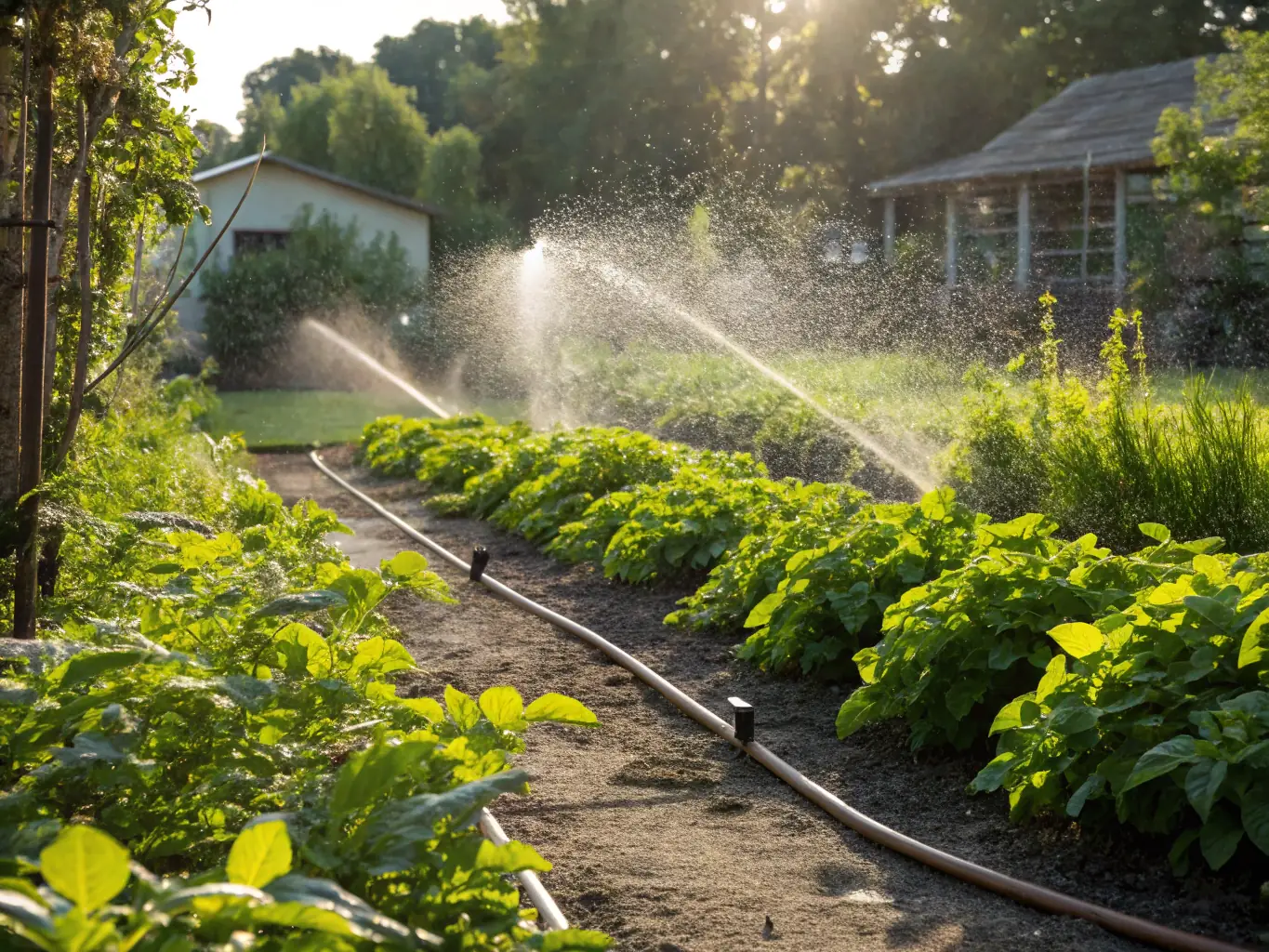 A photo of an installed irrigation system in a garden, showcasing efficient water usage and healthy plant growth.