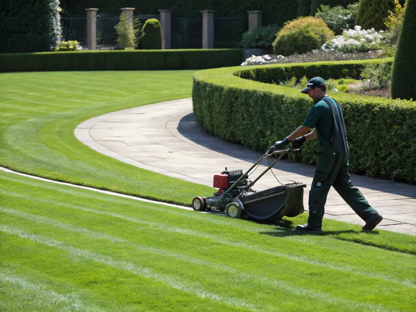 A lush, green lawn being meticulously cared for by Ogrody Marzeń's lawn care team, demonstrating their commitment to maintaining healthy and vibrant lawns.