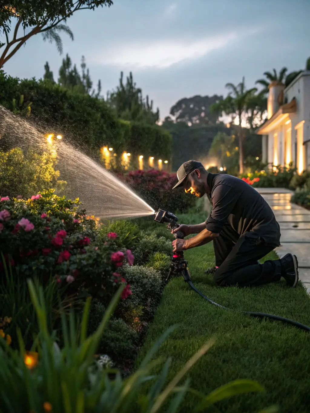 A modern, automated irrigation system watering a beautiful garden, highlighting Ogrody Marzeń's irrigation solutions.