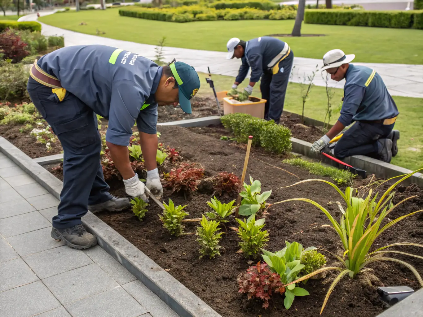 A photo showcasing a team of Ogrody Marzeń landscapers working diligently on a garden project, smiling and collaborating effectively.