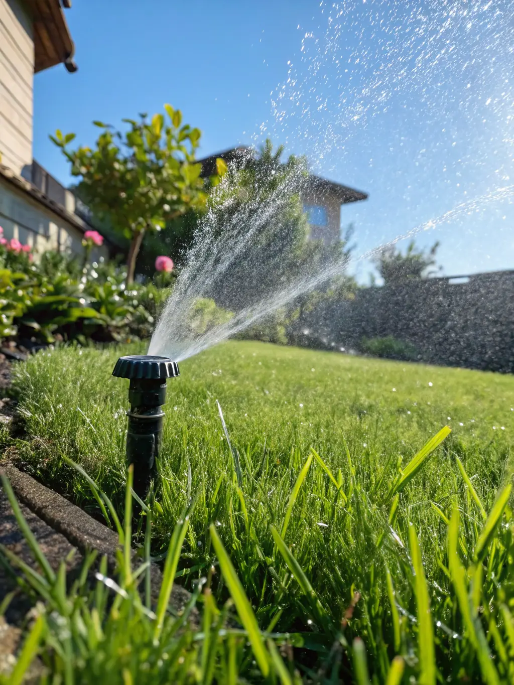 A close-up of a newly installed, efficient sprinkler system in a vibrant green lawn, showcasing the precision and care taken by Ogrody Marzeń.