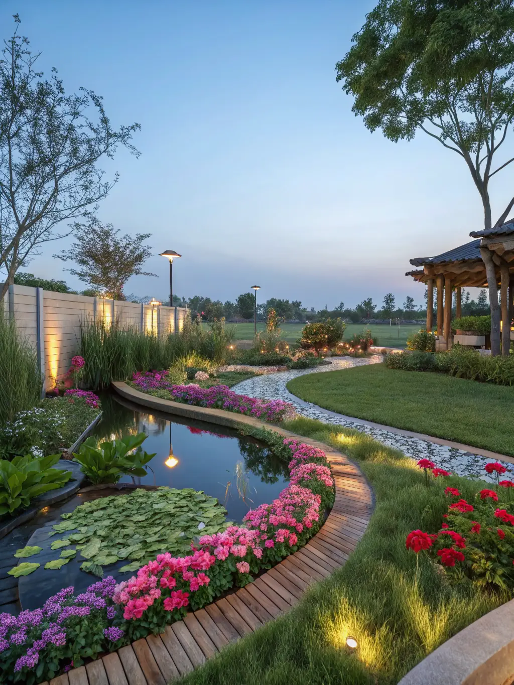 A lush, creatively designed garden with diverse plantings and artistic layout, showcasing Ogrody Marzeń's garden design service.