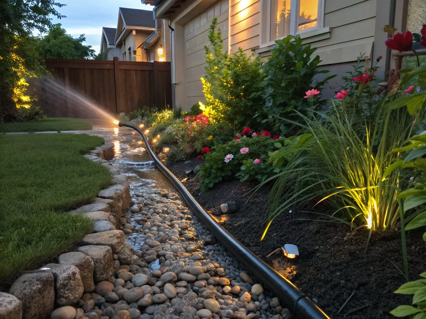 An advanced irrigation system being installed in a garden, highlighting Ogrody Marzeń's expertise in providing efficient and sustainable watering solutions.
