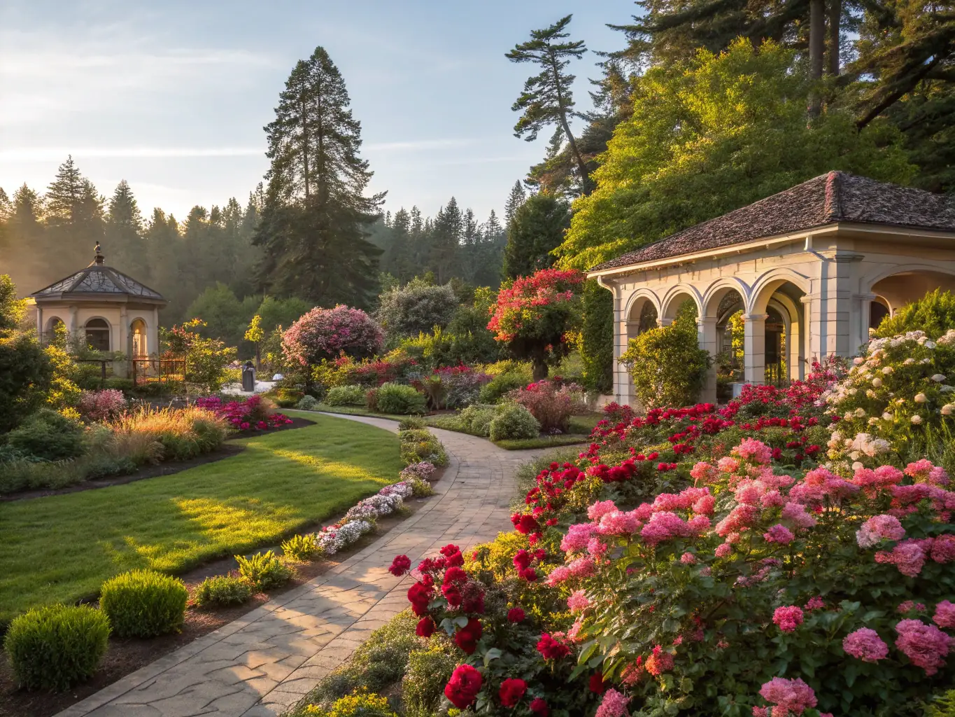 A high-quality image of a beautifully designed garden with lush greenery, vibrant flowers, and artistic landscaping elements, representing Ogrody Marzeń's design capabilities.